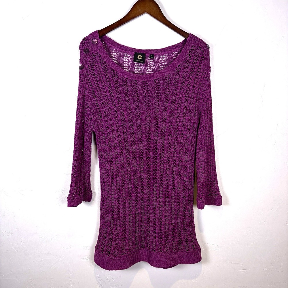 Amber Sun Women's Slub Open Knit Long‎ Sweater Size L Raspberry Boho Layering